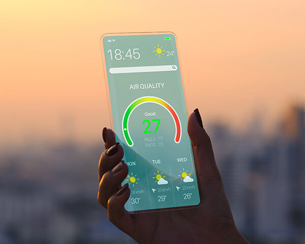 Person on a smart phone looking at air quality app, with smog in the background.