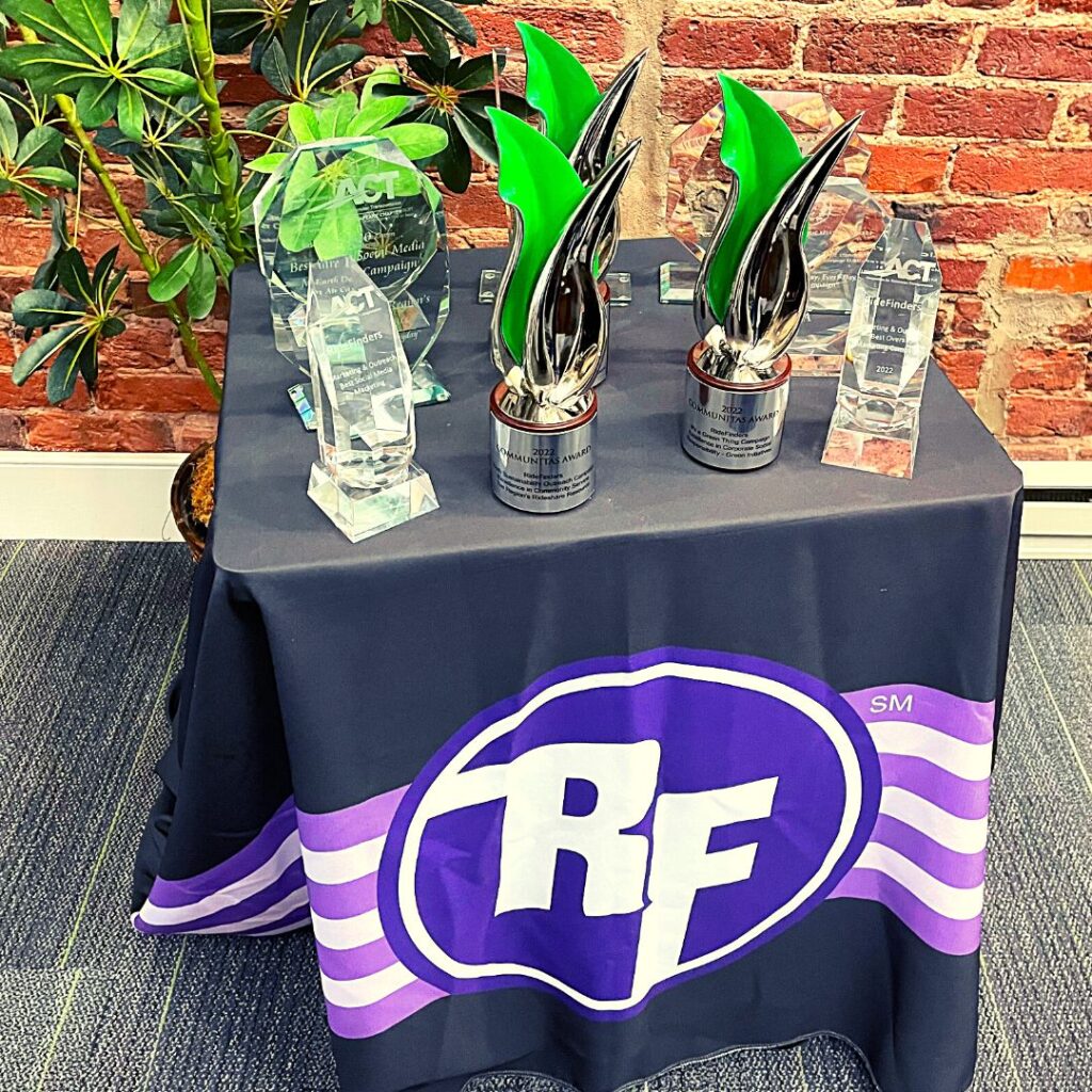 table with awards on it