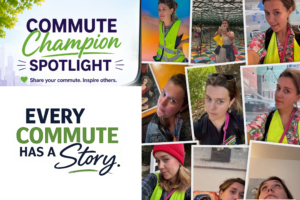 Commuter Champion Spotlight graphic featuring a collage of Caroline Tobe using transit, attending events, and exploring Richmond, alongside the message “Every Commute Has a Story.”