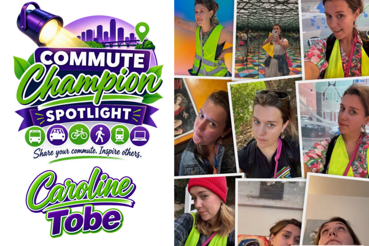Commuter Champion Spotlight graphic featuring a collage of Caroline Tobe using transit, attending events, and exploring Richmond, alongside the message “Every Commute Has a Story.”
